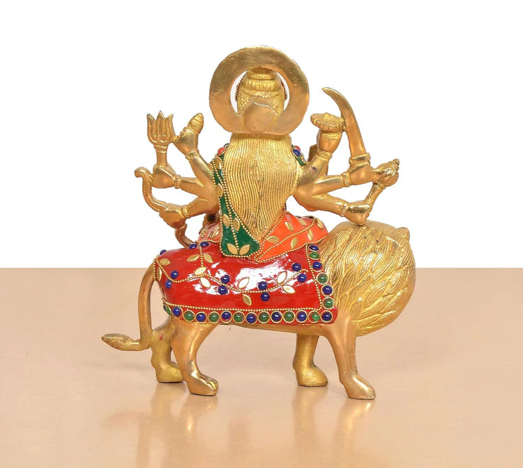 Brassaura® Multicolor Maa Durga Brass Statue on Lion | Handcrafted Devi Idol with Stone Work | Height 8 Inches