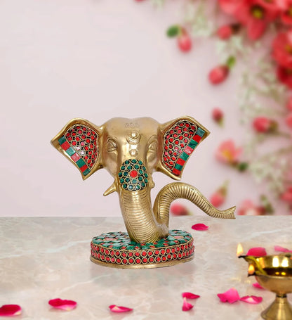 Brassaura® Modern Ganesha Head Brass Idol with Stone Work | Decorative Spiritual Showpiece | Height 6.5 Inches