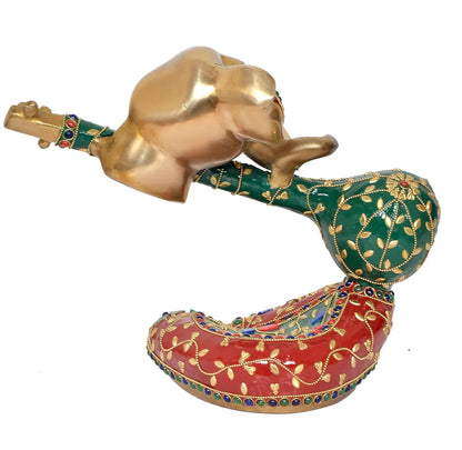 Brassaura® Brass Ganesha Playing Sitar Statue | Height 9 Inches | Multicolor Decorative Ganpati Idol for Home & Office