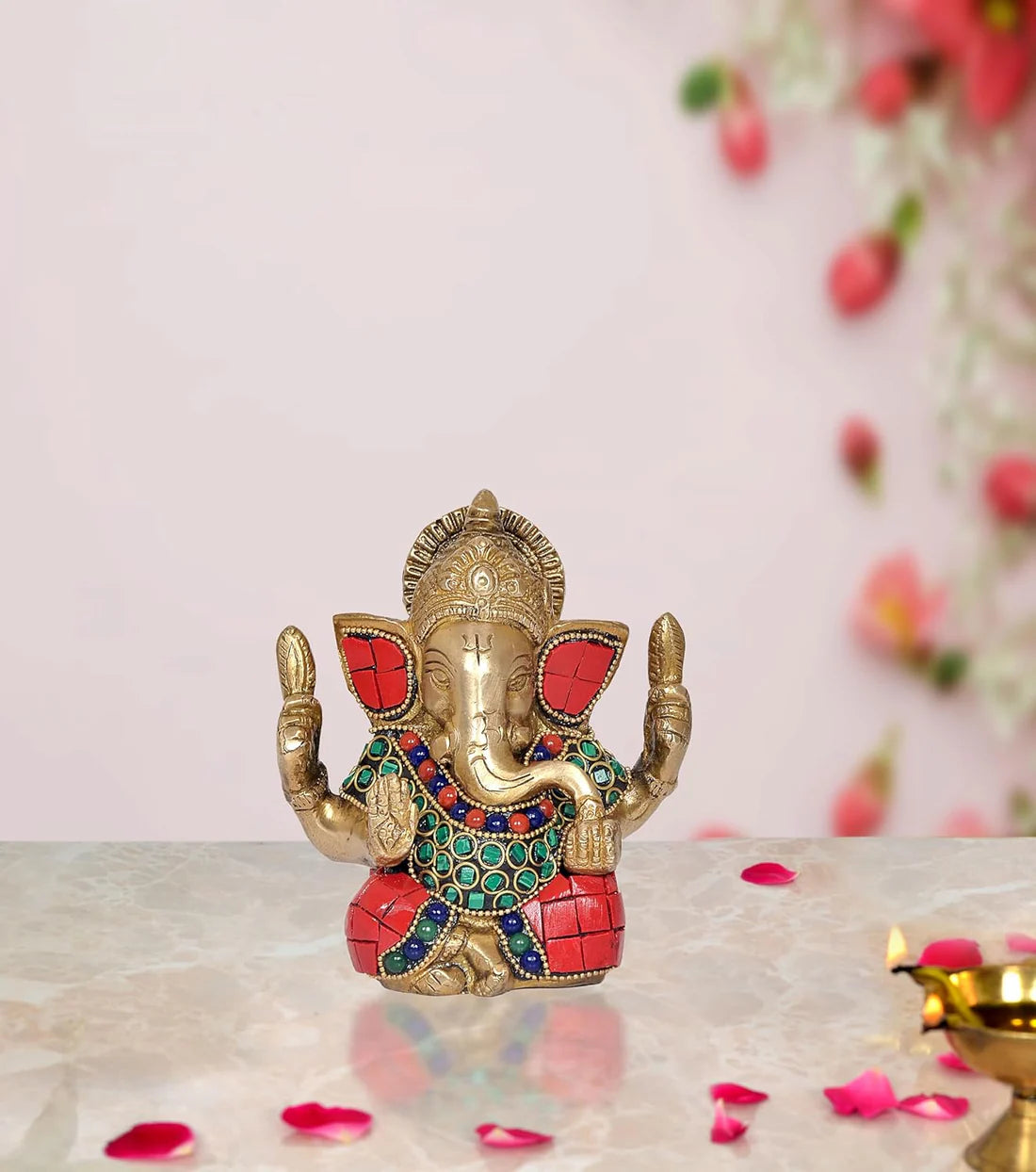 Brassaura® Brass Ganesha Statue | Height 4.5 Inches | Multicolor Ganpati Idol for Home, Office & Mandir
