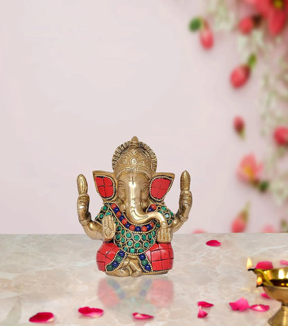 Brassaura® Brass Ganesha Statue | Height 4.5 Inches | Multicolor Ganpati Idol for Home, Office & Mandir