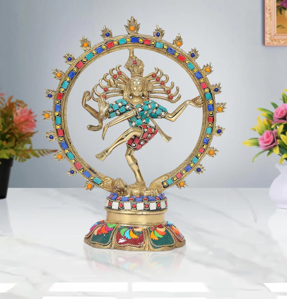 ब्रासोरा® वृंदावन वेणुगोपाल कृष्ण पीतल की प्रतिमा मोर के साथ | एंटीक नीला और सुनहरा रंग | ऊँचाई 20 इंच
