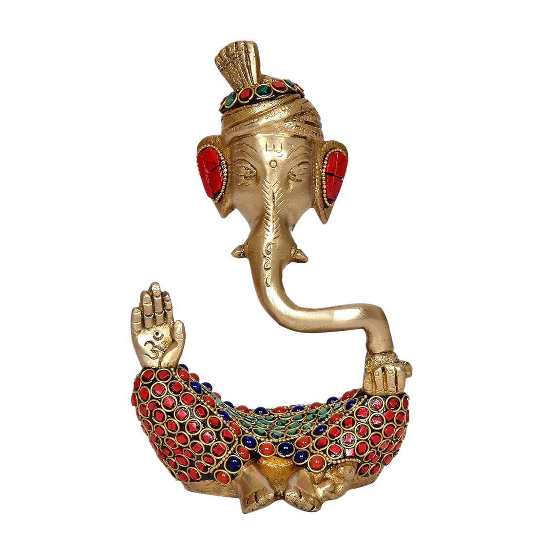 Brassaura® Modern Ganesha Safa Brass Idol with Stone Work | Decorative Spiritual Showpiece | Height 7 Inches