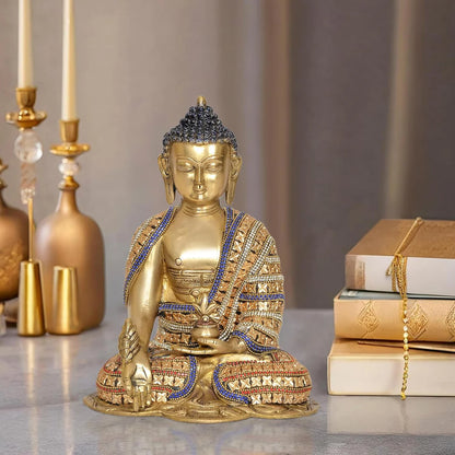 Brassaura® Brass Buddha Statue | 10 Inch Multicolor Buddha Idol | Handcrafted Brass Murti for Home & Meditation Décor