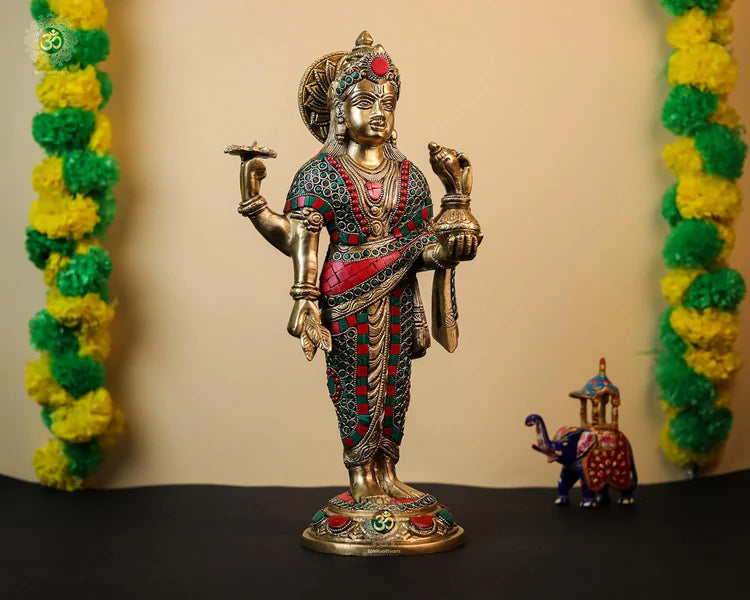 Brassaura® Brass Dhanvantari Narayana Statue with Stonework | Height 15.35 Inches