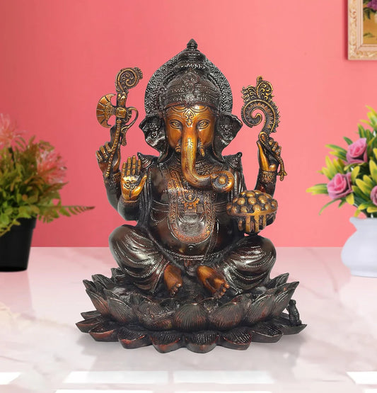 Brassaura® Brass Lord Ganesha Idol | 11 Inch Multicolor Ganpati Statue with Stonework | Handcrafted Brass Murti for Home & Mandir