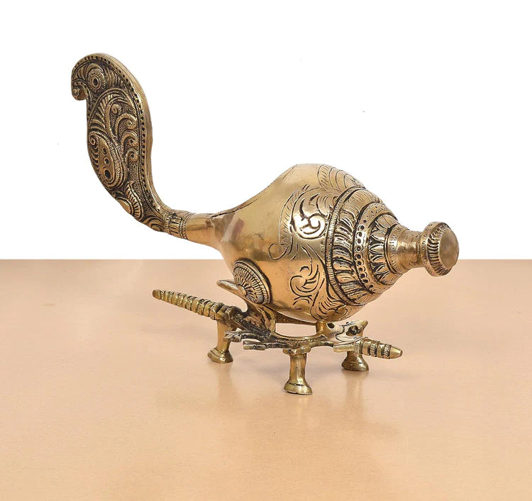 Brassaura® Decorative Brass Shankh Showpiece | Handcrafted Conch Shell Sculpture for Spiritual Décor | Width 14 Inches