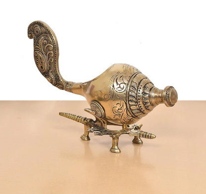 Brassaura® Decorative Brass Shankh Showpiece | Handcrafted Conch Shell Sculpture for Spiritual Décor | Width 14 Inches