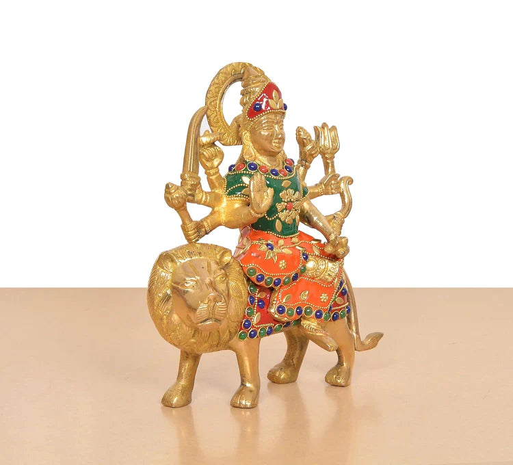 Brassaura® Multicolor Maa Durga Brass Statue on Lion | Handcrafted Devi Idol with Stone Work | Height 8 Inches