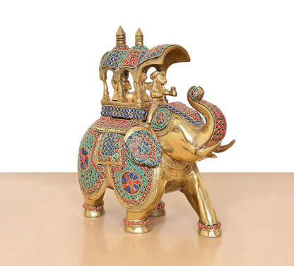 Brassaura® Multicolor Elephant Ambari Brass Statue | Royal Elephant Showpiece with Stone Work | Height 13 Inches