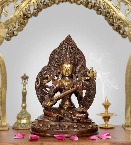 Brassaura® Brass Tara Devi Saraswati Statue | Height 9 Inches