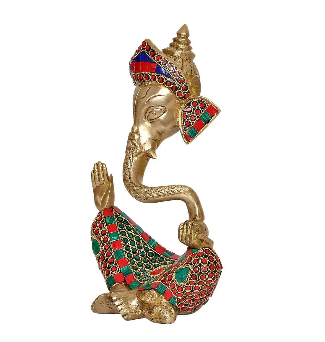 Brassaura® Modern Ganesha Brass Idol with Stonework | Pure Brass | Height 10 Inches