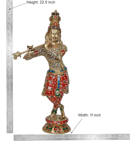 ब्रासोरा® वृंदावन वेणुगोपाल कृष्ण पीतल की प्रतिमा मोर के साथ | एंटीक नीला और सुनहरा रंग | ऊँचाई 20 इंच