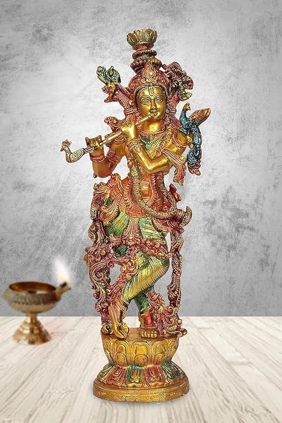Brassaura® Brass Radha Krishna Statue Pair | 13.5 Inch Multicolor Idols | Handcrafted Brass Murti Set for Home & Temple