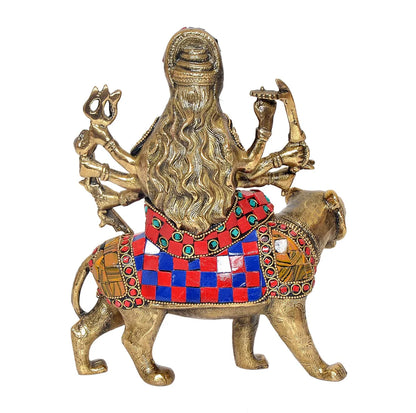 Brassaura® Brass Durga Maa Statue | Height 8 Inches | Sherawali Mata Rani Idol with Lion for Home & Mandir
