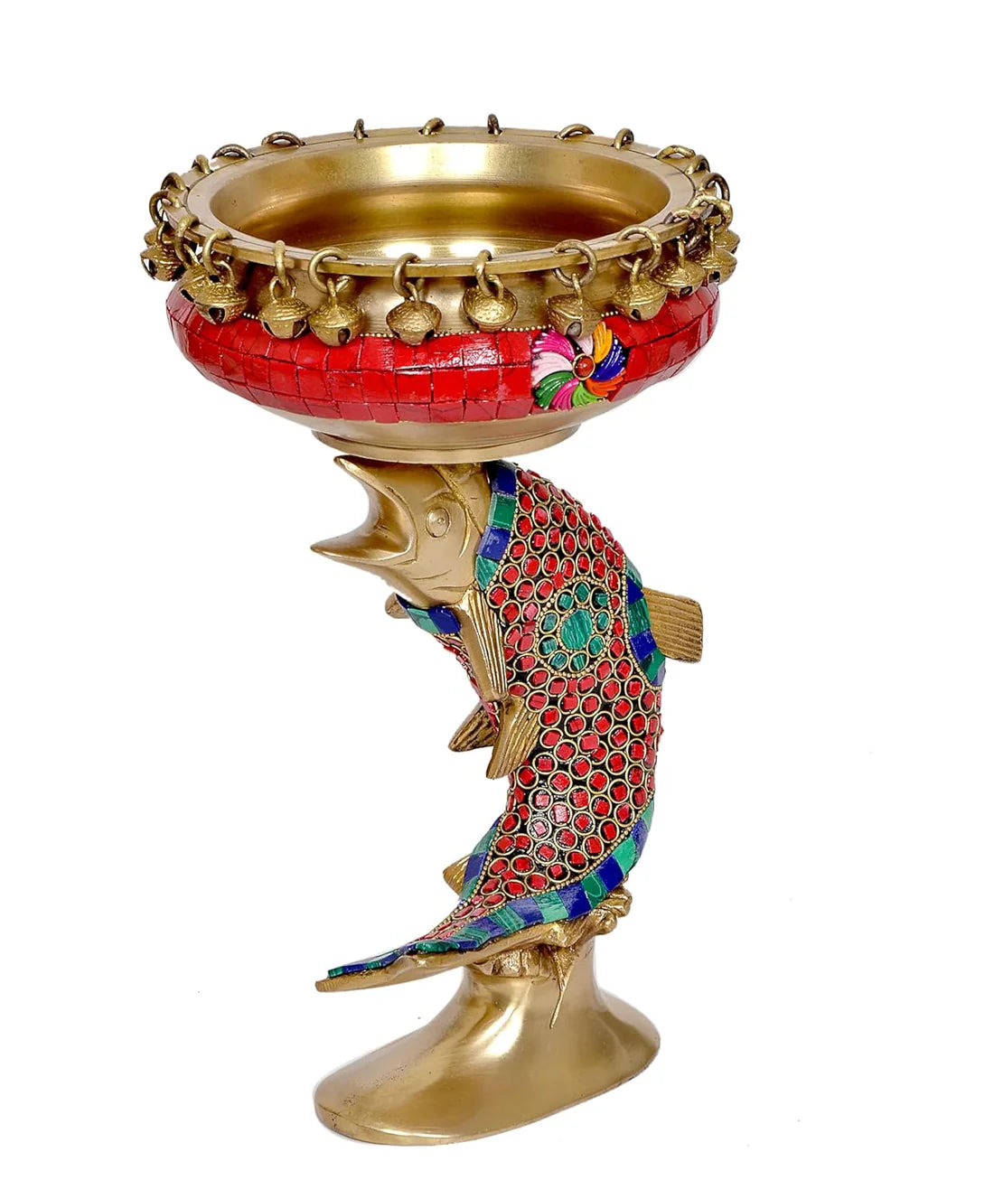 Brassaura® Brass Urli Bowl on Fish Design | Multicolor Stone Work Floating Bowl Décor | Height 11 Inches