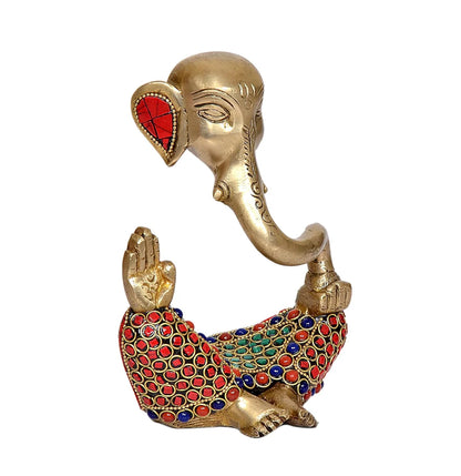 Brassaura® Modern Ganesha Brass Idol with Stone Work | Decorative Spiritual Showpiece | Height 6 Inches