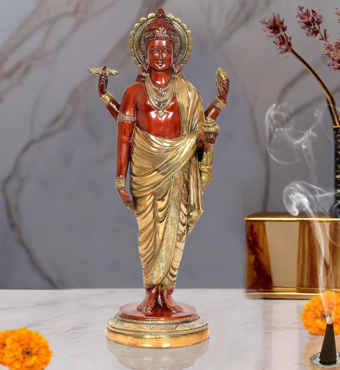 ब्रासोरा® वृंदावन वेणुगोपाल कृष्ण पीतल की प्रतिमा मोर के साथ | एंटीक नीला और सुनहरा रंग | ऊँचाई 20 इंच