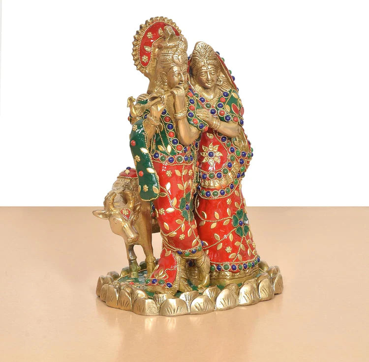 Brassaura® Multicolor Radha Krishna Brass Statue | Handcrafted Krishna Playing Flute Idol | Height 11 Inches