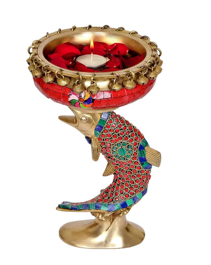 Brassaura® Brass Urli Bowl on Fish Design | Multicolor Stone Work Floating Bowl Décor | Height 11 Inches