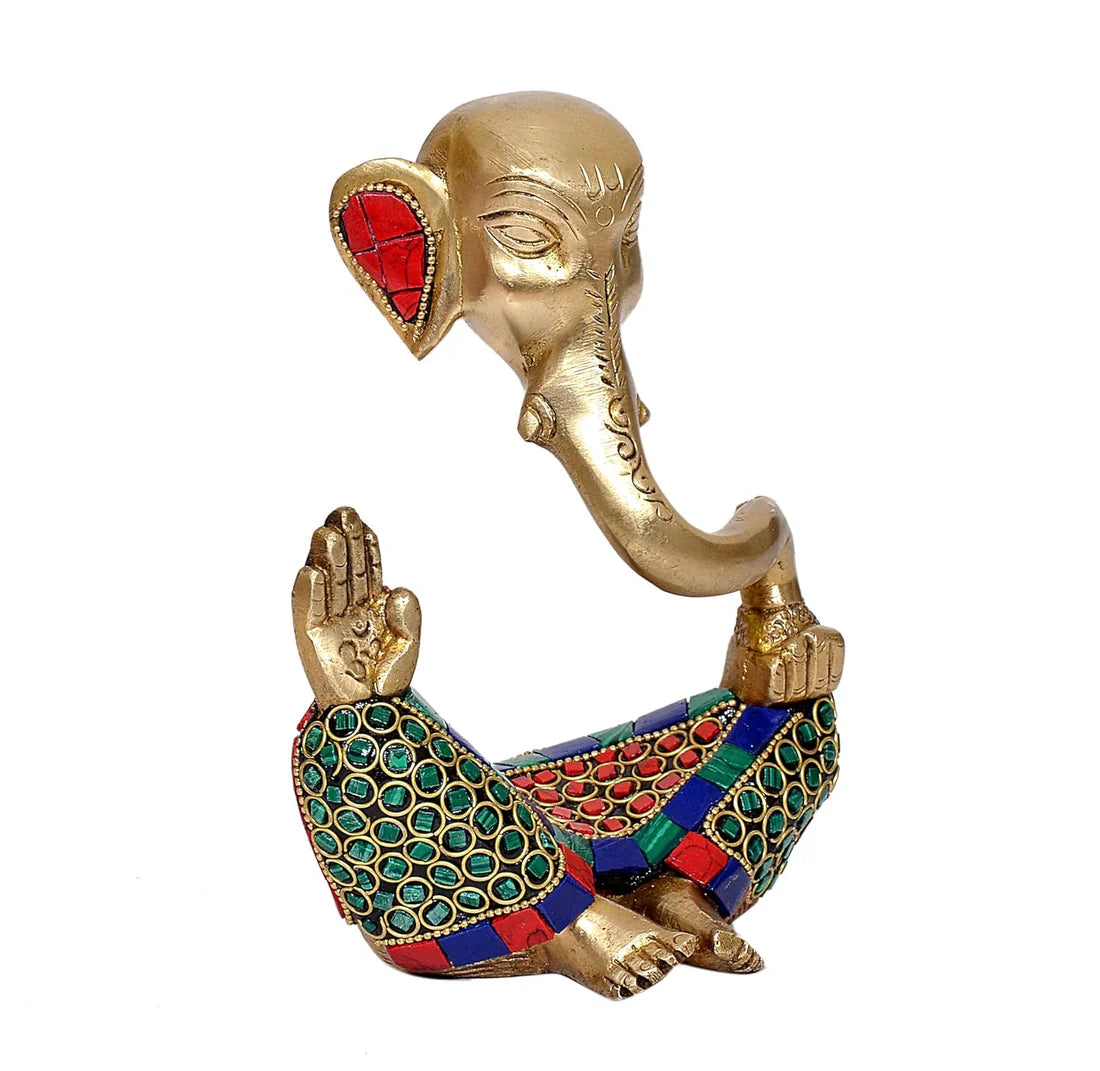Brassaura® Modern Ganesha Brass Idol with Multicolor Stone Work | Artistic Home Décor Showpiece | Height 6 Inches
