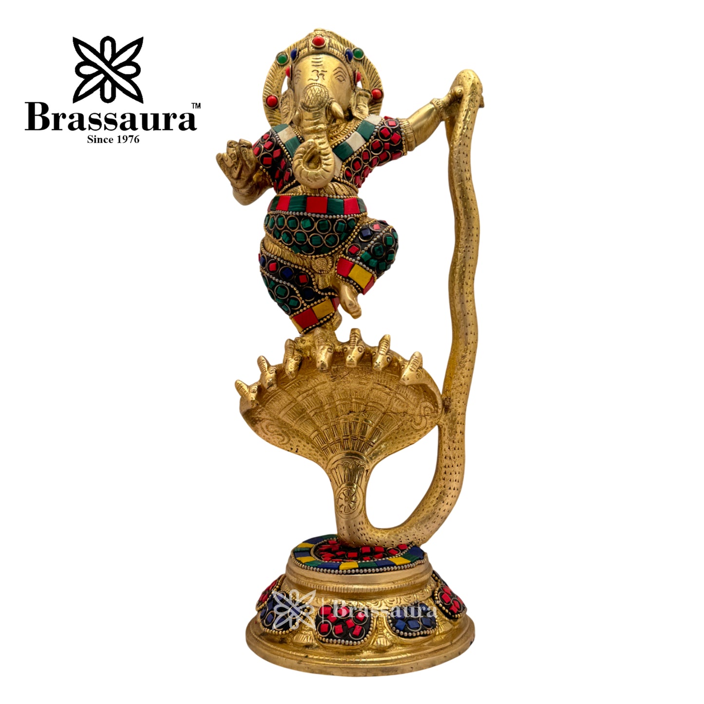 Brass Gem Stone Work Dancing Ganesha Idol for Home and Decor Weight 3 Kg Height 30 cm