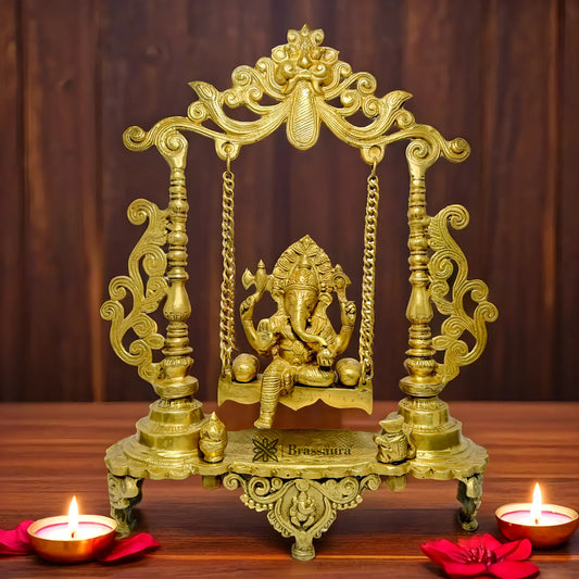 Brassaura™ Brass Big Size Ganesha Jhula Murti – Height 20 inches & Weight 7.8 kgs | Traditional Ganpati Idol for Home & Pooja Room