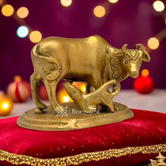 Brassaura® Brass Kamdhenu Cow & Calf Idol – Height 2.4 Inches & Weight 0.35 Kgs | Home Temple & Spiritual Décor