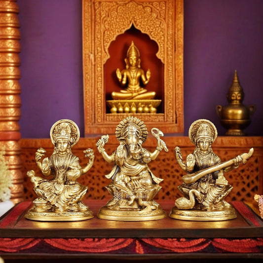 Brass Antique Lakshmi Ganesh Saraswati  Height 5 Inches & Weight 3 Kgs