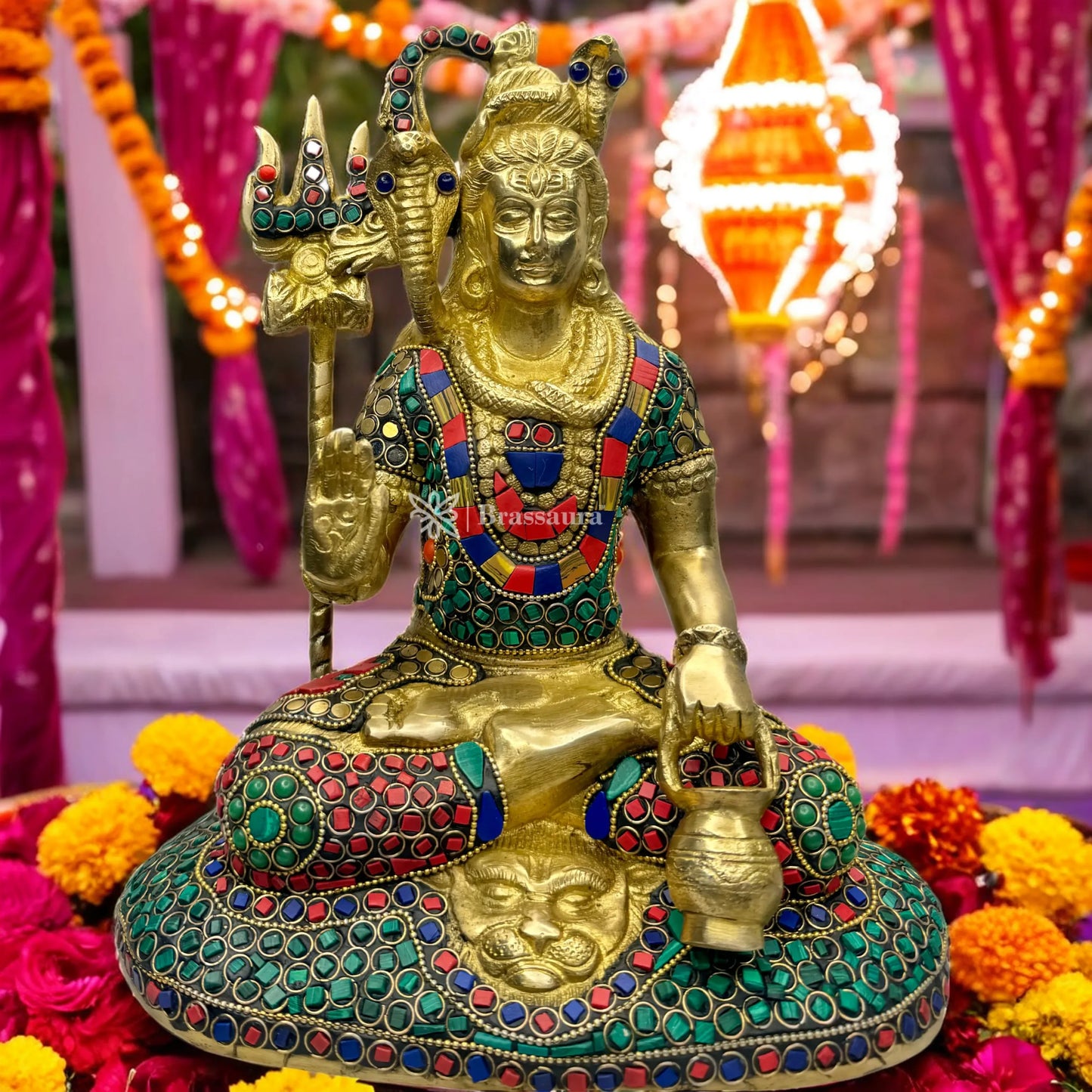 Brassaura™ Brass Gem Stone Work Shiva Idol – Height 11.2 Inches & Weight 4.4 Kgs | Pooja & Gifting