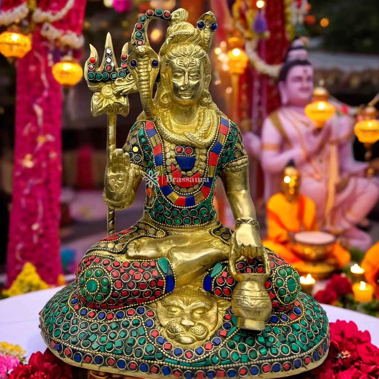 Brassaura™ Brass Gem Stone Work Shiva Idol – Height 11.2 Inches & Weight 4.4 Kgs | Pooja & Gifting