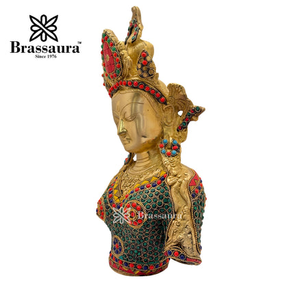 Brass Gem Stone Work Tara Head Idol for Home and Decor Weight 4.6 Kg Height 33 cm