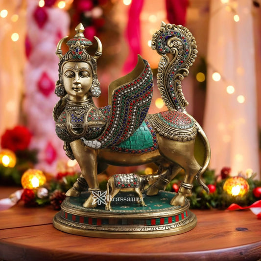 Brassaura® Brass Gem Stone Work Kamdhenu Cow & Calf Idol – Height 16 Inches & Weight 13.5 Kgs | Handcrafted Pooja Sculpture