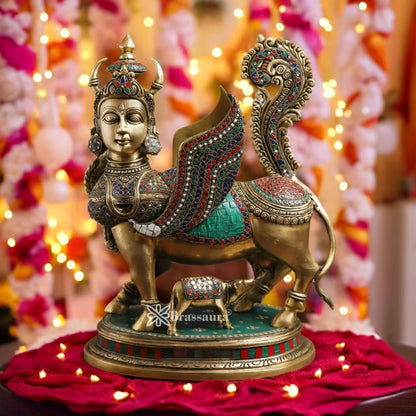 Brassaura™ Brass Gem Stone Work Kamdhenu Cow & Calf Idol – Height 16 Inches & Weight 13.5 Kgs | Handcrafted Pooja Sculpture