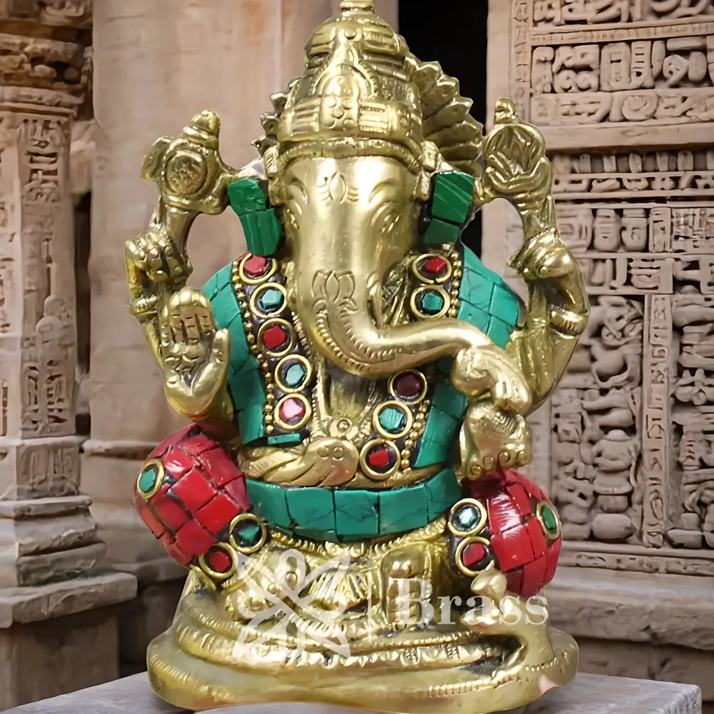 Brassaura™ Brass Gem Stone Work Ganesha Idol for Home and Decor | Weight 0.9 Kgs | Height 4 Inches