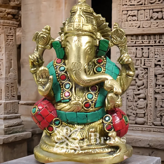 Brassaura™ Brass Gem Stone Work Ganesha Idol for Home and Decor | Weight 0.9 Kgs | Height 4 Inches