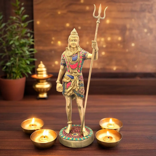 Brassaura™ Brass Gem Stone Work Standing Shiva Murti – Height 19.2 Inches & Weight 6.1 Kgs | Classic Idol