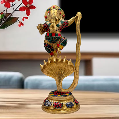 Brass Gem Stone Work Dancing Ganesha Idol for Home and Decor Weight 3 Kg Height 30 cm