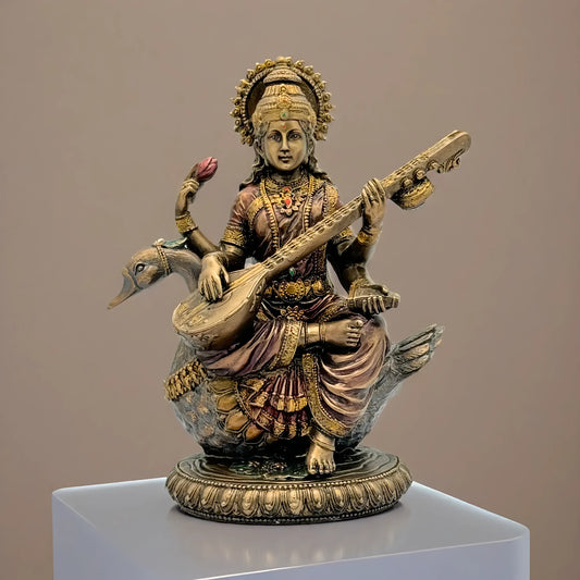 Brassaura™ Resin Saraswati Idol – Height 8 Inches & Weight 1 Kg | Elegant Home & Temple Décor