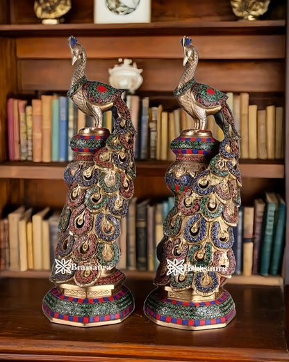 Brassaura™ Brass Peacock Pair with Meenakari Detailing – Height 20 Inches & Weight 17 Kgs (Pair)
