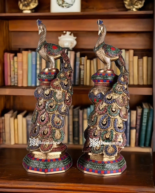 Brassaura™ Brass Peacock Pair with Meenakari Detailing – Height 20 Inches & Weight 17 Kgs (Pair)