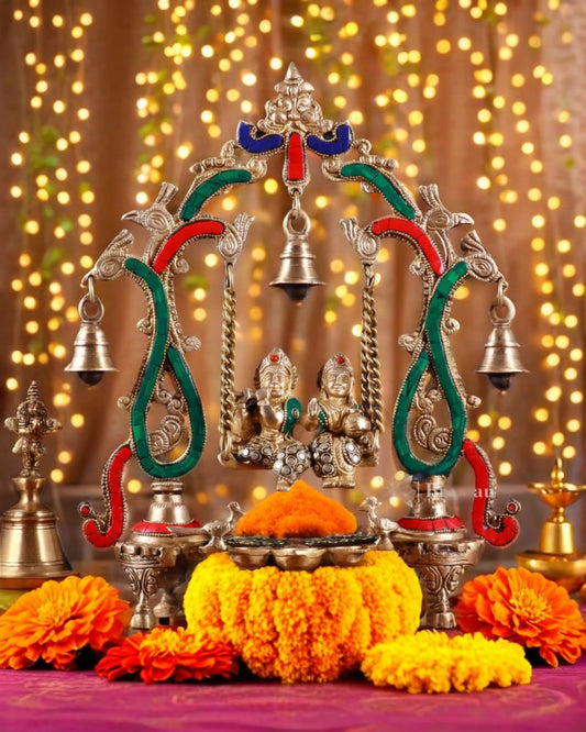 Brassaura™ Brass Radha Krishna Swing Idol with Diyas, Peacocks & Bells – Height 13.5 Inches & Weight 2.4 Kgs | Elegant Devotional Statue