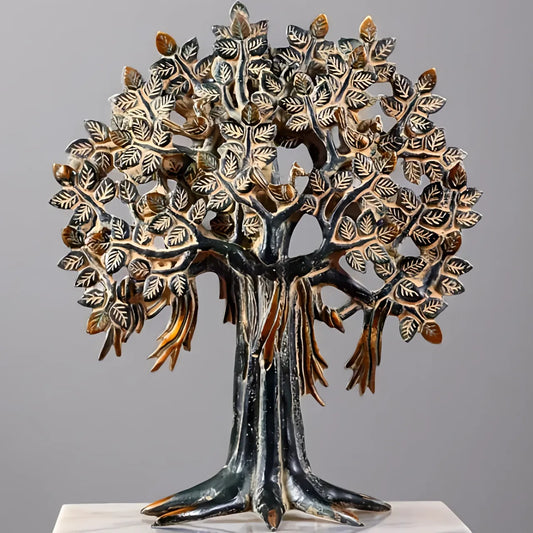 Brassaura™ Pure Brass Handcrafted Kalpavriksha Tree with Vintage Sand Patina | Tabletop Tree of Life Showpiece | Weight 1.8 Kgs | Height 11 Inches