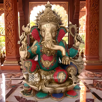 Brassaura™ Brass Gem Stone Work Lotus Ganesha Statue for Home Decor | Weight 29 Kgs | Height 21 Inches