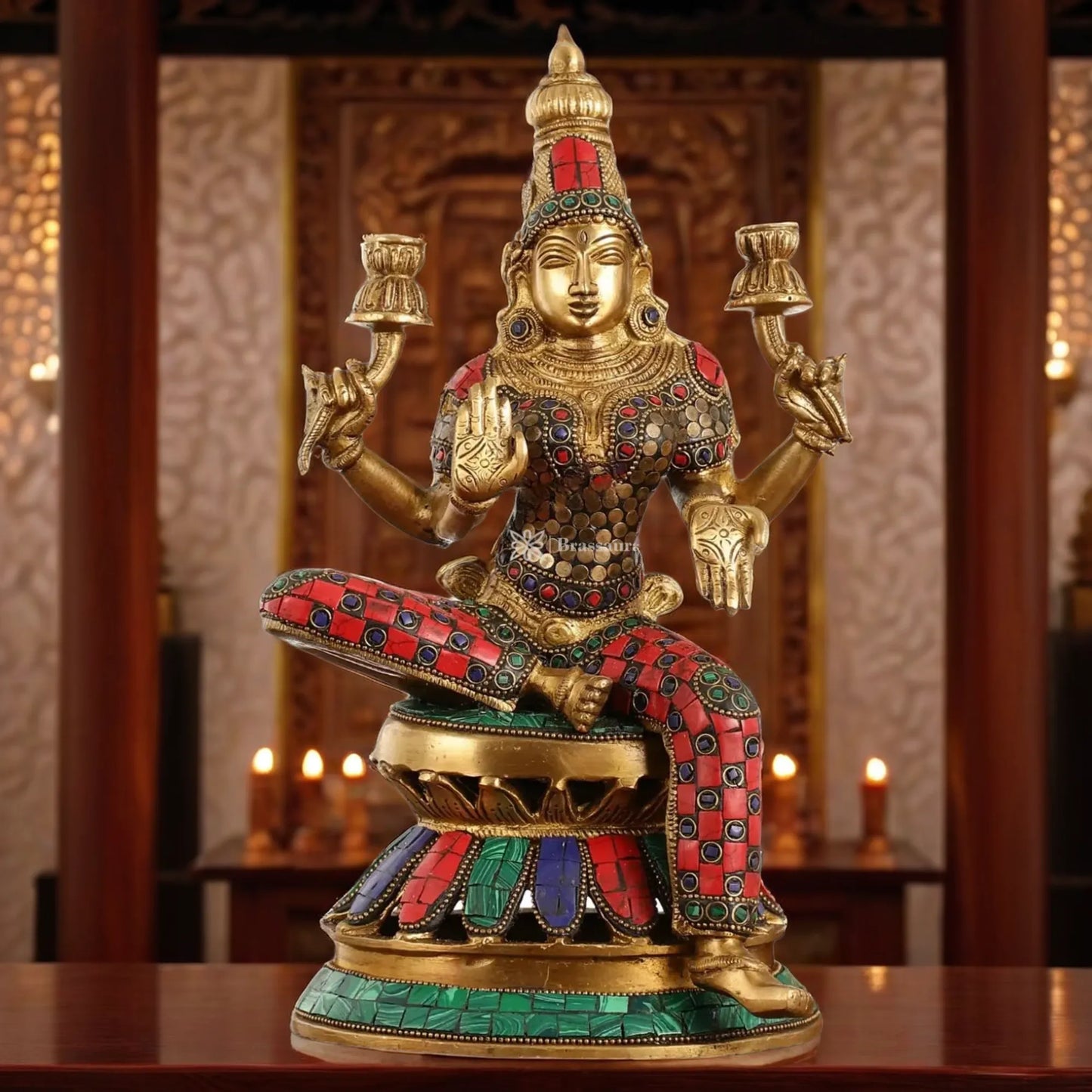 Brassaura™ Artistic Brass Gem Stone Work Laxmi Idol – Height 12 Inches & Weight 4.5 Kgs | Spiritual Hindu Idol