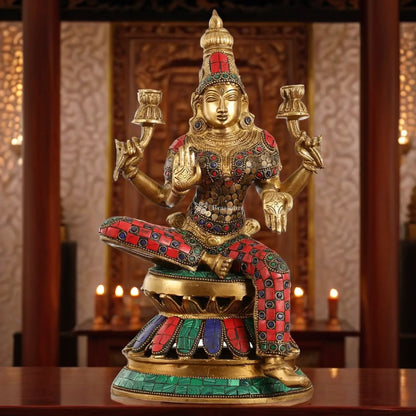 Brassaura™ Artistic Brass Gem Stone Work Laxmi Idol – Height 12 Inches & Weight 4.5 Kgs | Spiritual Hindu Idol