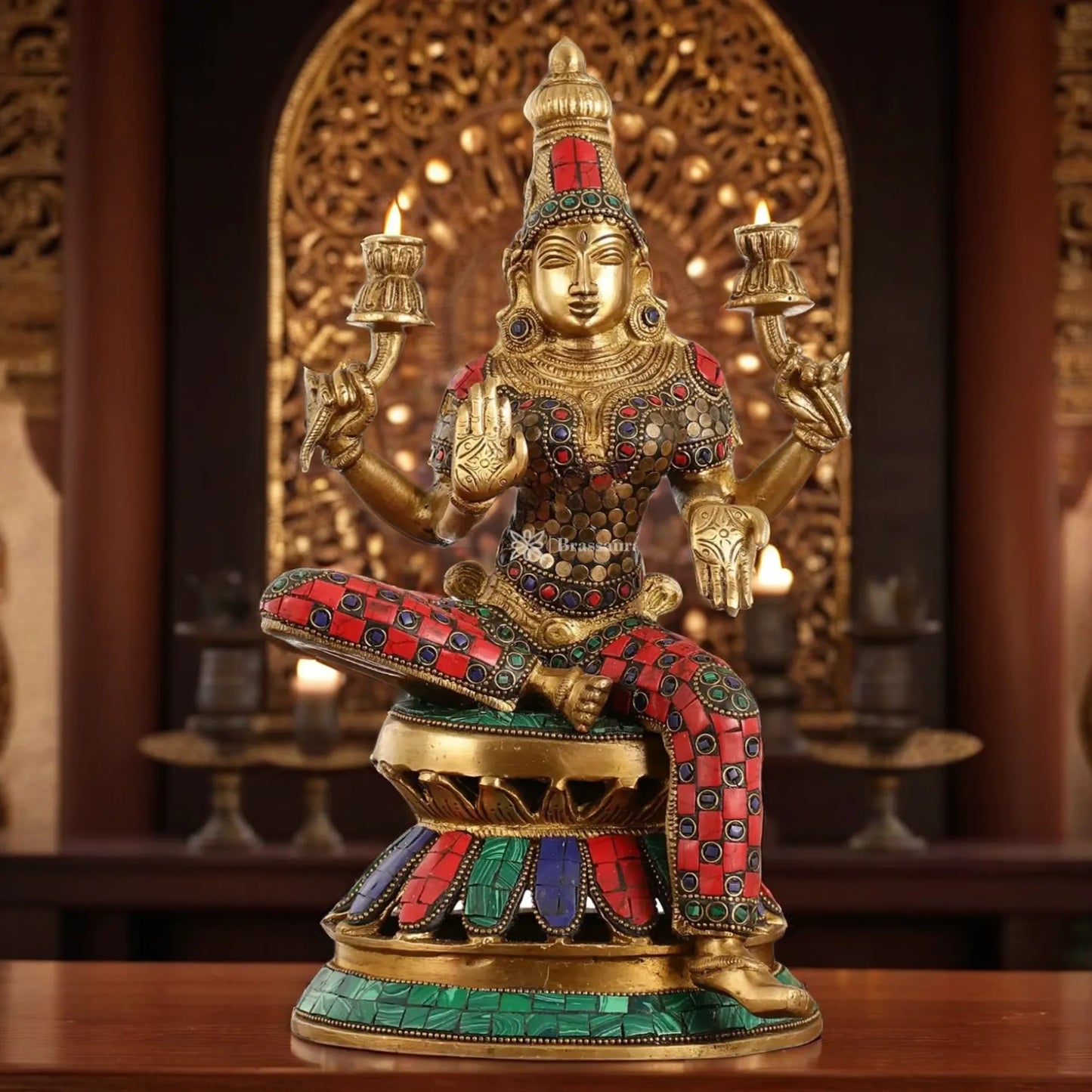 Brassaura™ Artistic Brass Gem Stone Work Laxmi Idol – Height 12 Inches & Weight 4.5 Kgs | Spiritual Hindu Idol