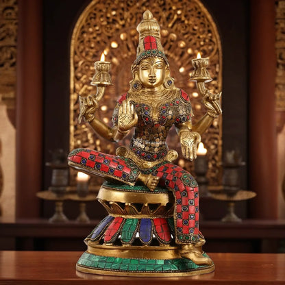 Brassaura™ Artistic Brass Gem Stone Work Laxmi Idol – Height 12 Inches & Weight 4.5 Kgs | Spiritual Hindu Idol
