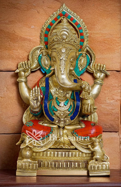Brassaura™ Brass Gem Stone Work Jewellery Ganesha Idol for Home and Decor | Weight 16.7 Kgs | Height 18 Inches