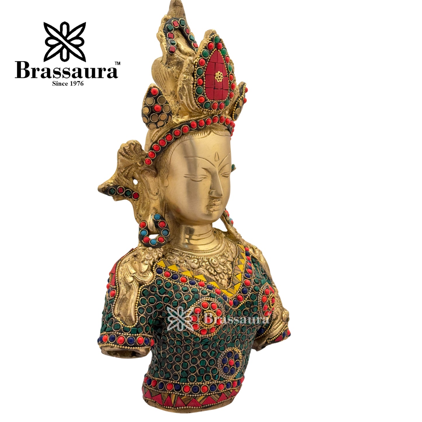 Brass Gem Stone Work Tara Head Idol for Home and Decor Weight 4.6 Kg Height 33 cm